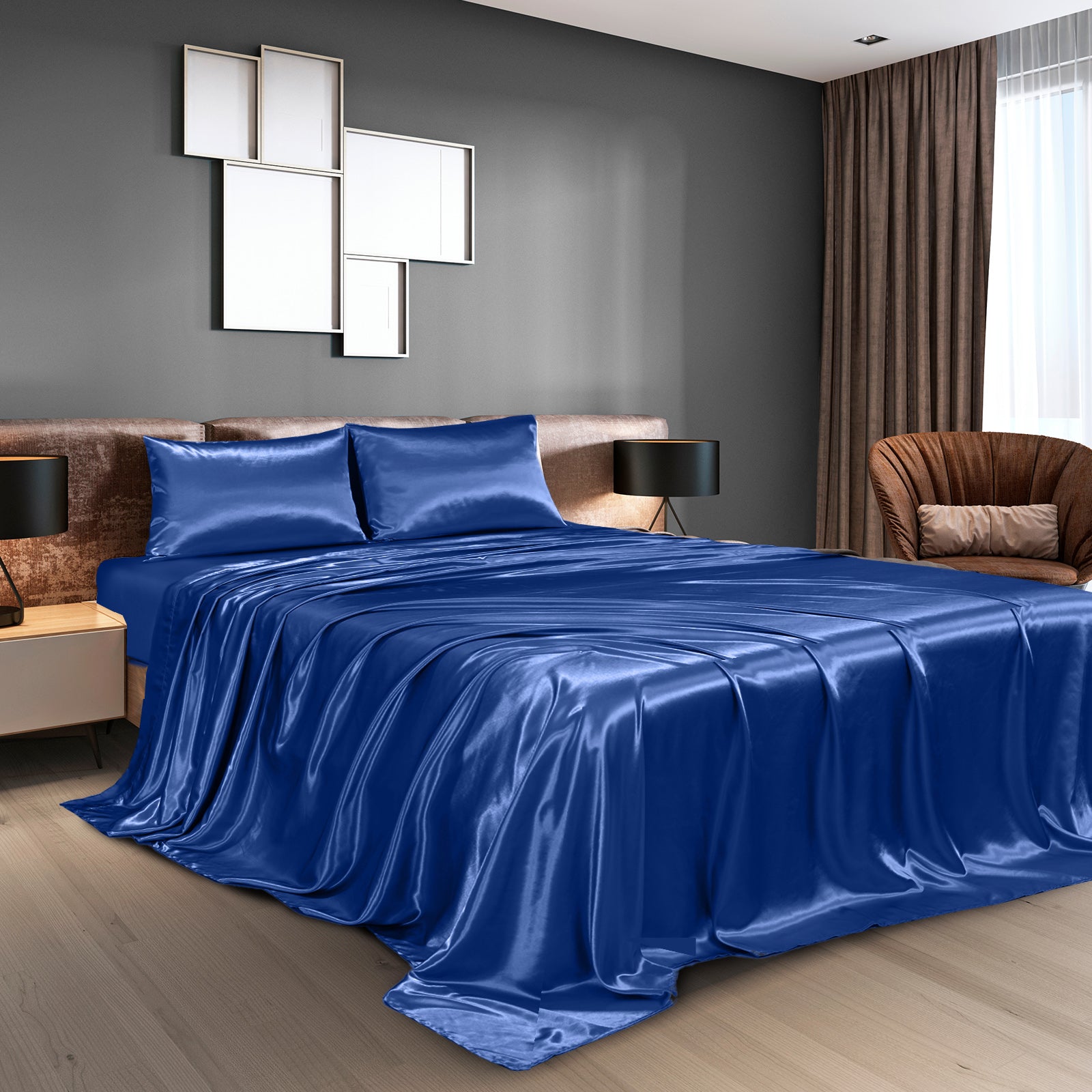 Royal Comfort Satin Sheet Set 4 Piece Fitted Flat Sheet Pillowcases - King - Navy Blue
