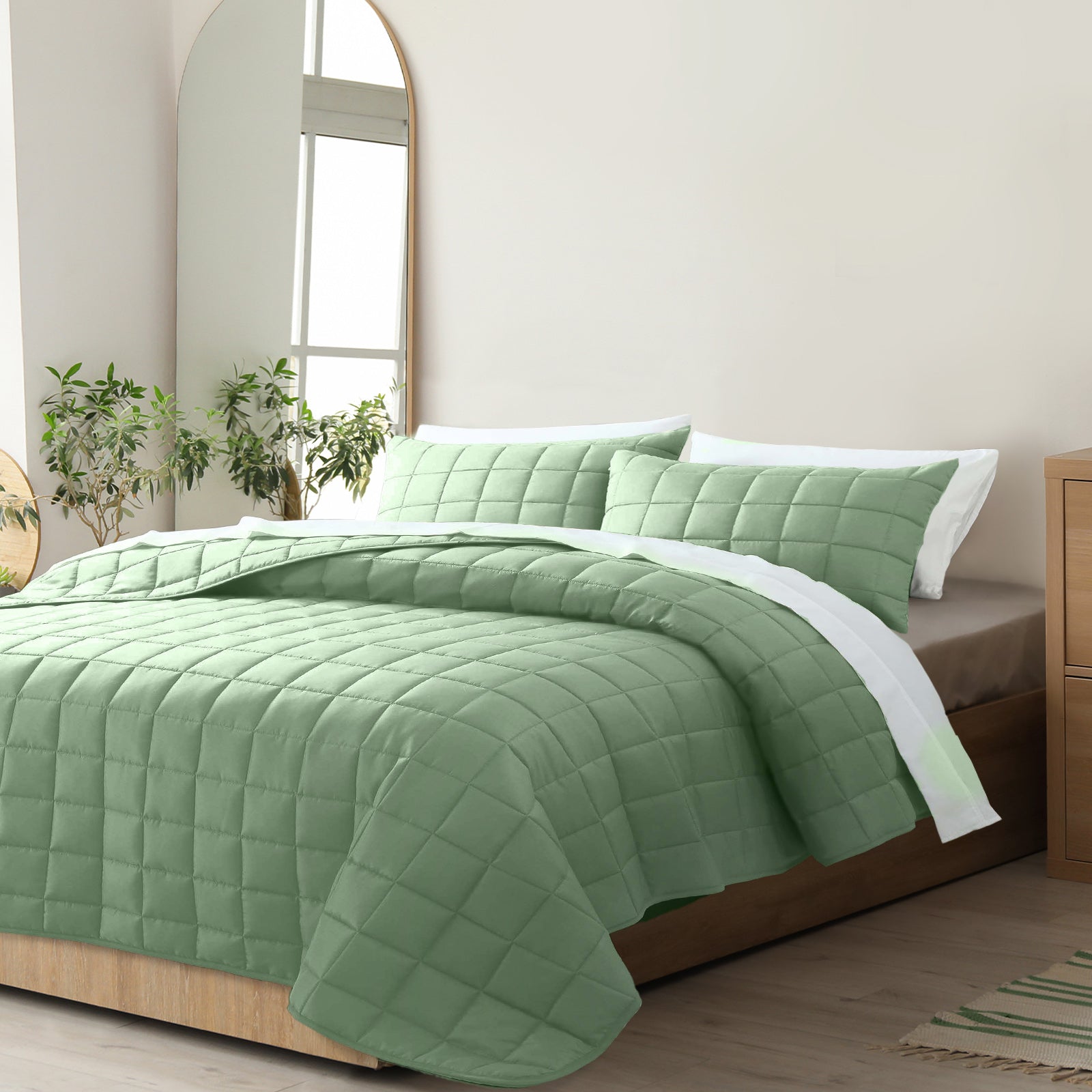 Soft Breathable Coverlet Set Queen - 3 Piece, Sage | Royal Comfort