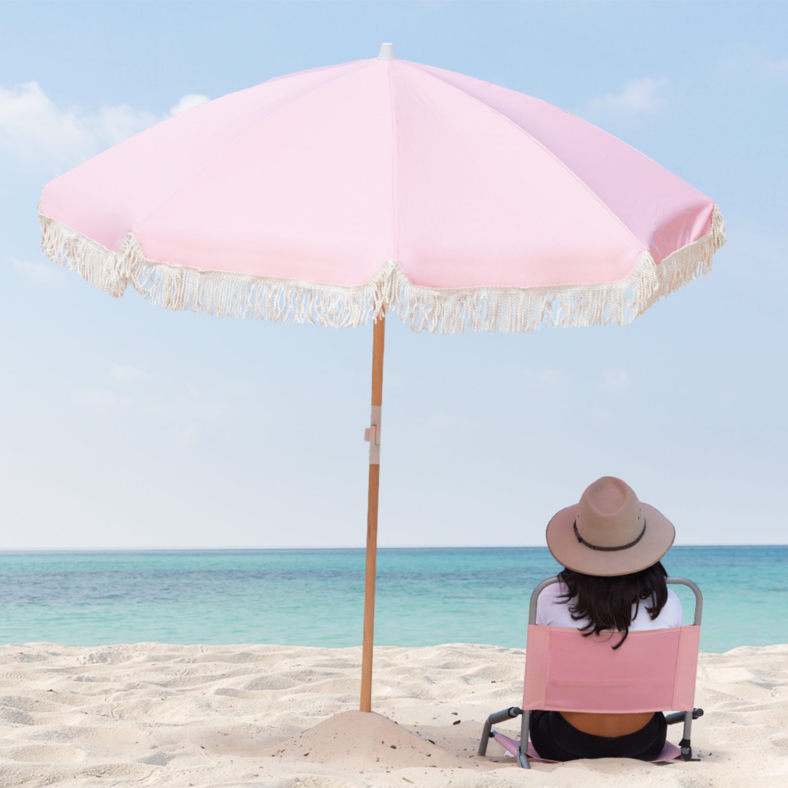 2m UPF 50+ Beach Umbrella with Cotton Fringe & Carry Bag - Havana Outdoors