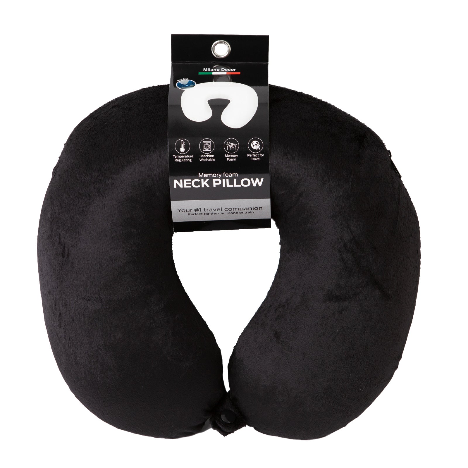 Memory Foam Travel Neck Pillow w/ Clip, Soft Black - Milano Decor