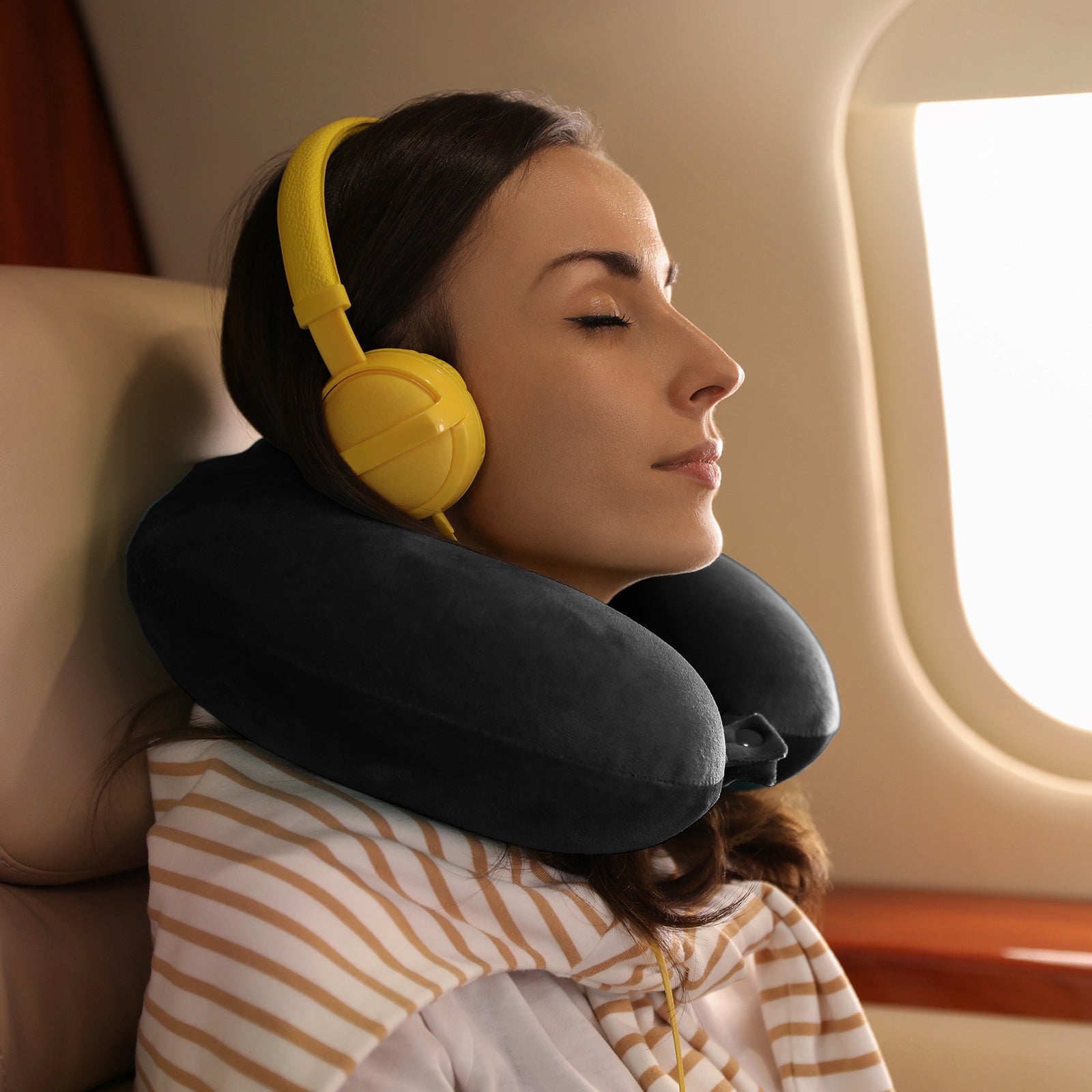 Memory Foam Travel Neck Pillow w/ Clip, Soft Black - Milano Decor