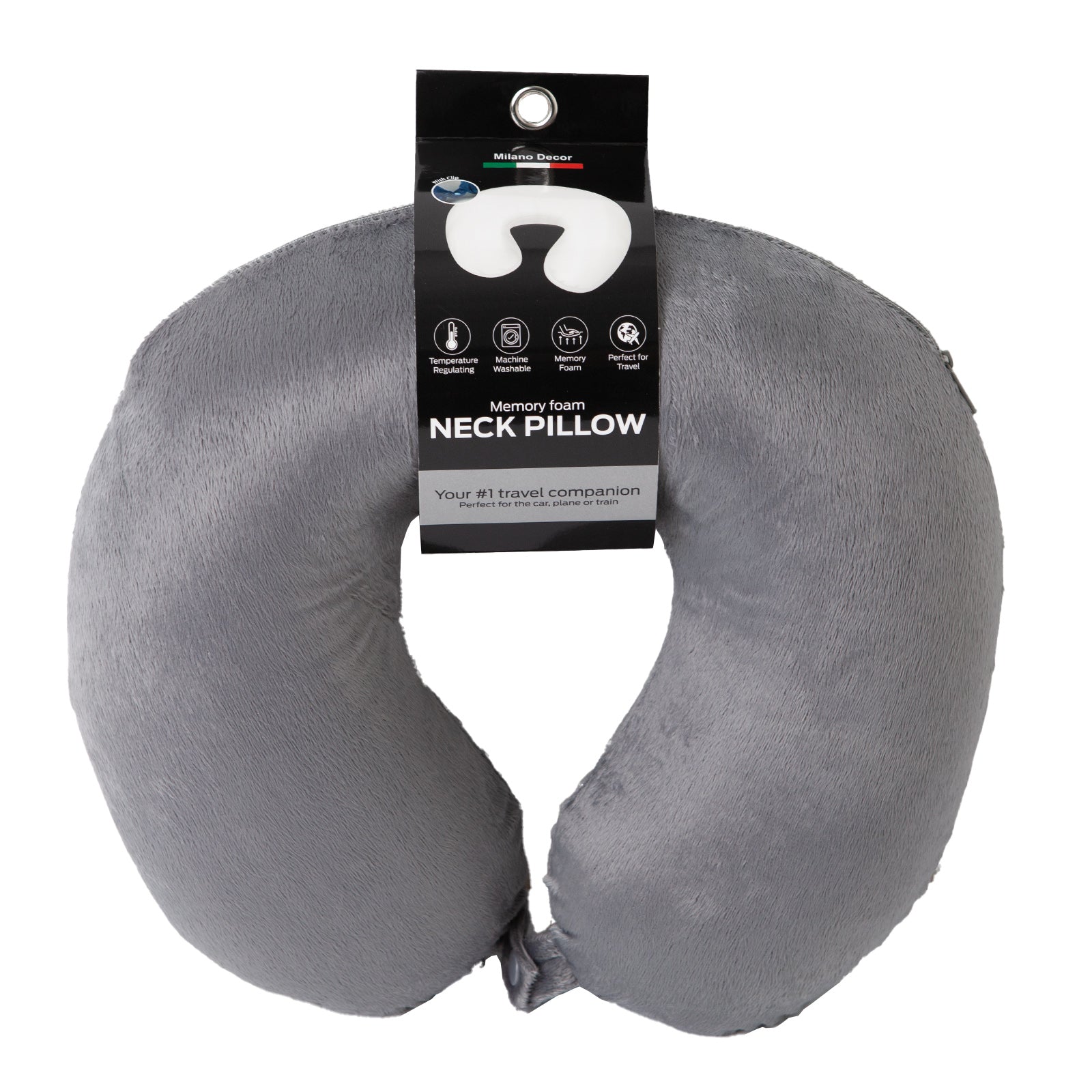 Memory Foam Travel Neck Pillow with Clip, Soft Grey - Milano Decor