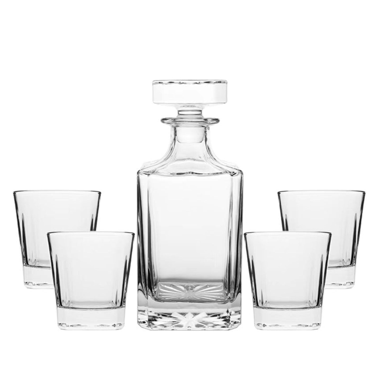 Sleek Soda Lime Glass Whiskey Decanter, 4 Glasses Set - Novare