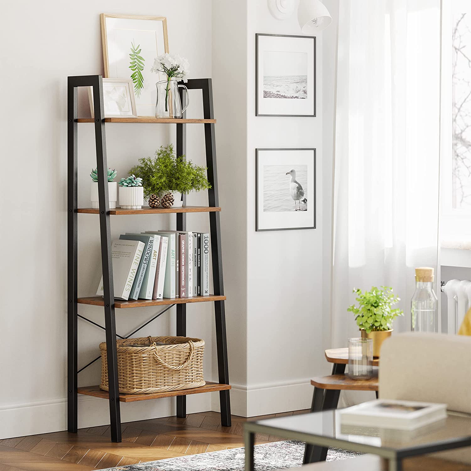 Rustic Brown 4-Tier Industrial Bookshelf with Steel Frame