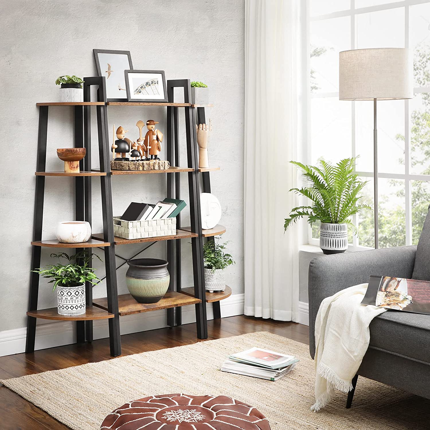 Rustic Brown 4-Tier Industrial Bookshelf with Steel Frame