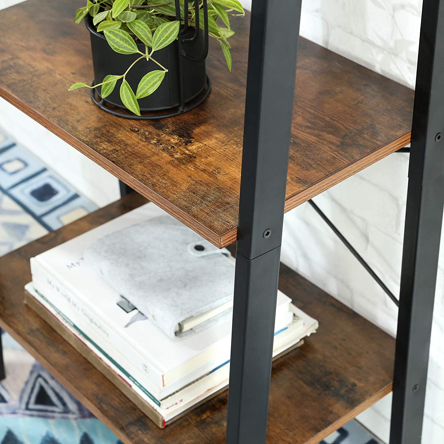 Rustic Brown 4-Tier Industrial Bookshelf with Steel Frame