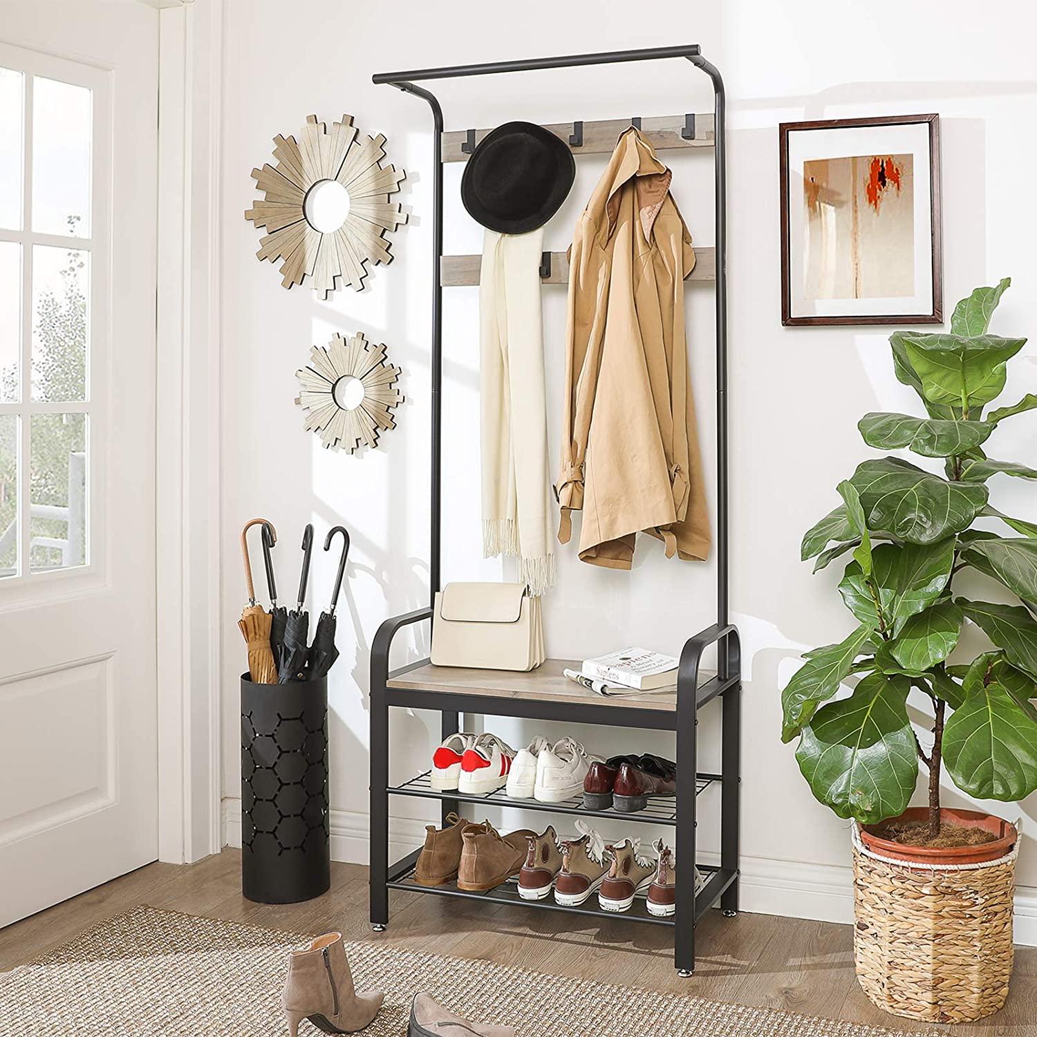 9-Hook Freestanding Coat Rack with Bench and Shoe Rack, 183 cm