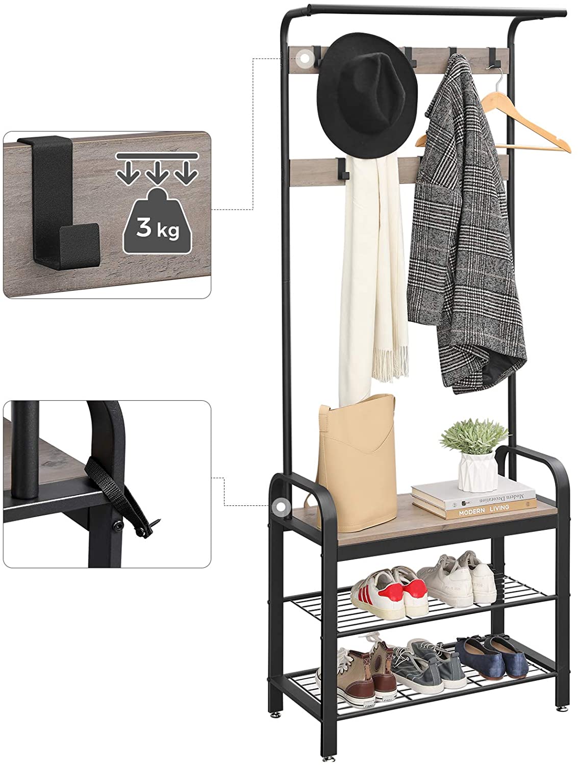 9-Hook Freestanding Coat Rack with Bench and Shoe Rack, 183 cm