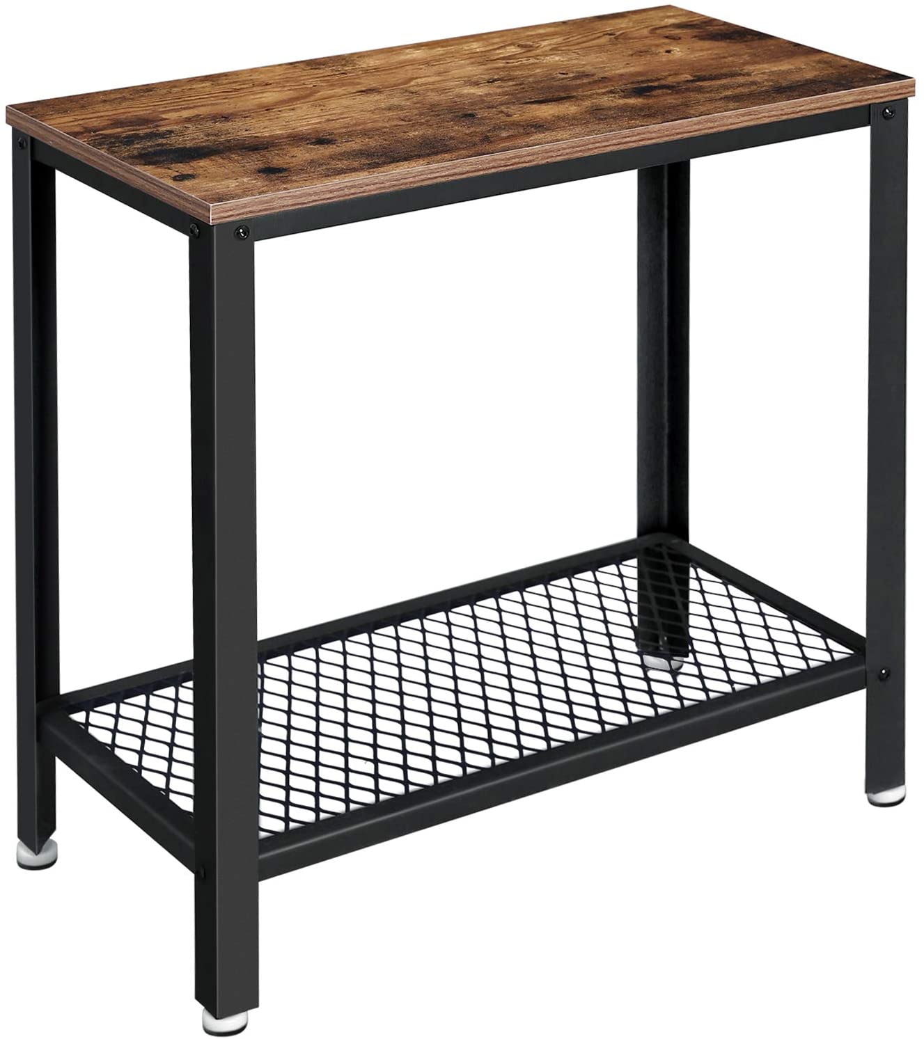 Rustic Industrial 2-Tier Side Table with Mesh Shelf, Metal Frame