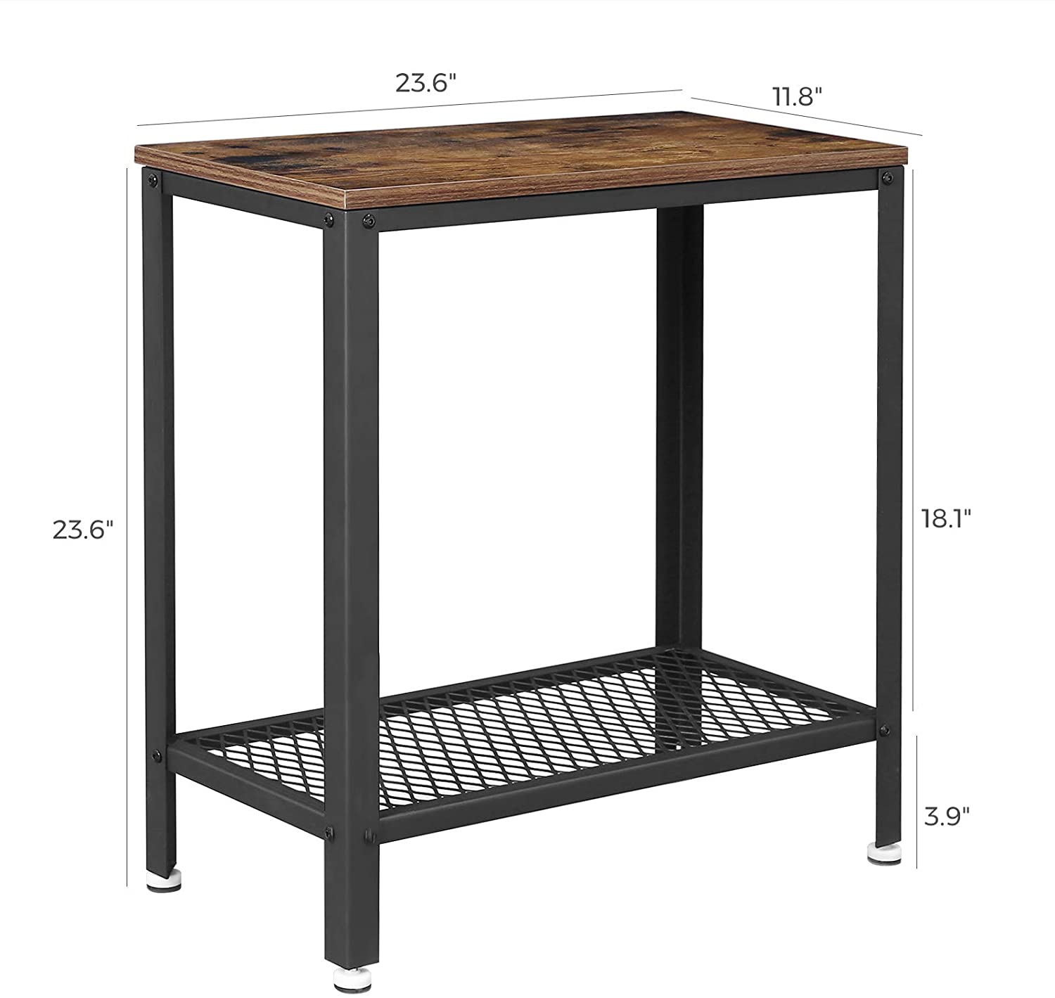 Rustic Industrial 2-Tier Side Table with Mesh Shelf, Metal Frame