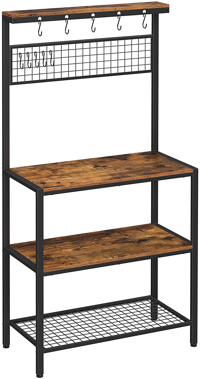 Industrial Kitchen Rack with Storage, Hooks & Metal Shelf