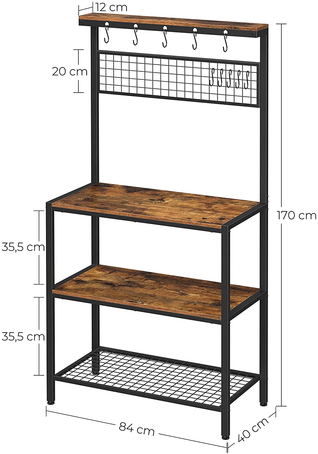 Industrial Kitchen Rack with Storage, Hooks & Metal Shelf