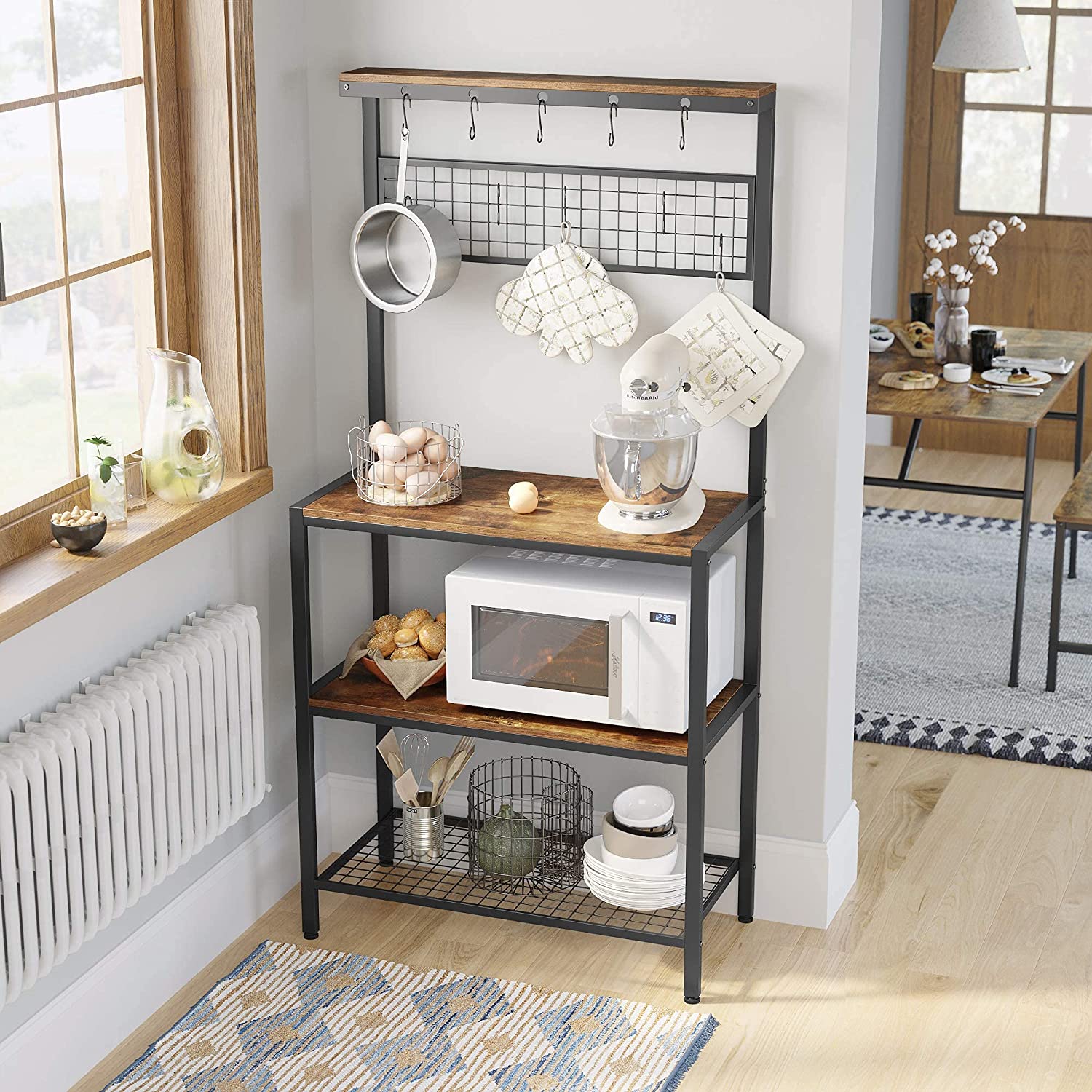 Industrial Kitchen Rack with Storage, Hooks & Metal Shelf