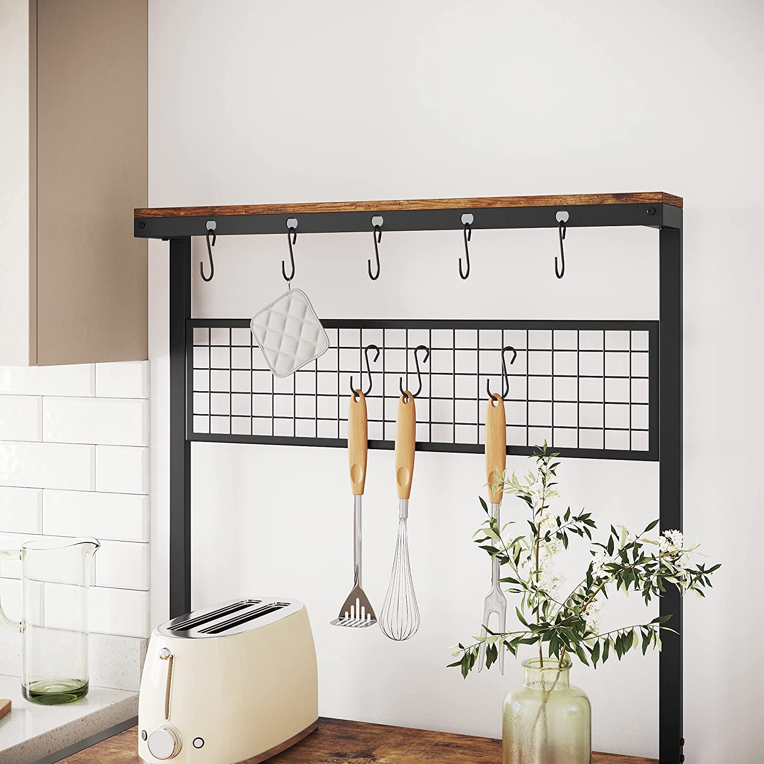 Industrial Kitchen Rack with Storage, Hooks & Metal Shelf