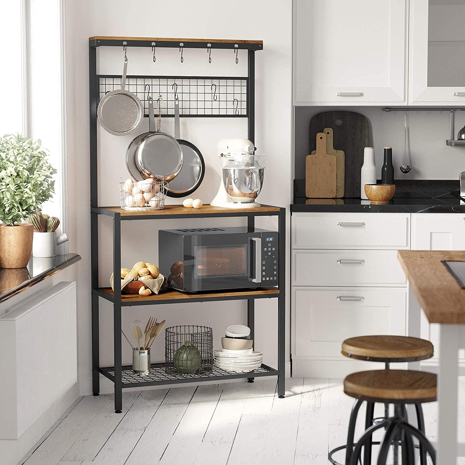 Industrial Kitchen Rack with Storage, Hooks & Metal Shelf