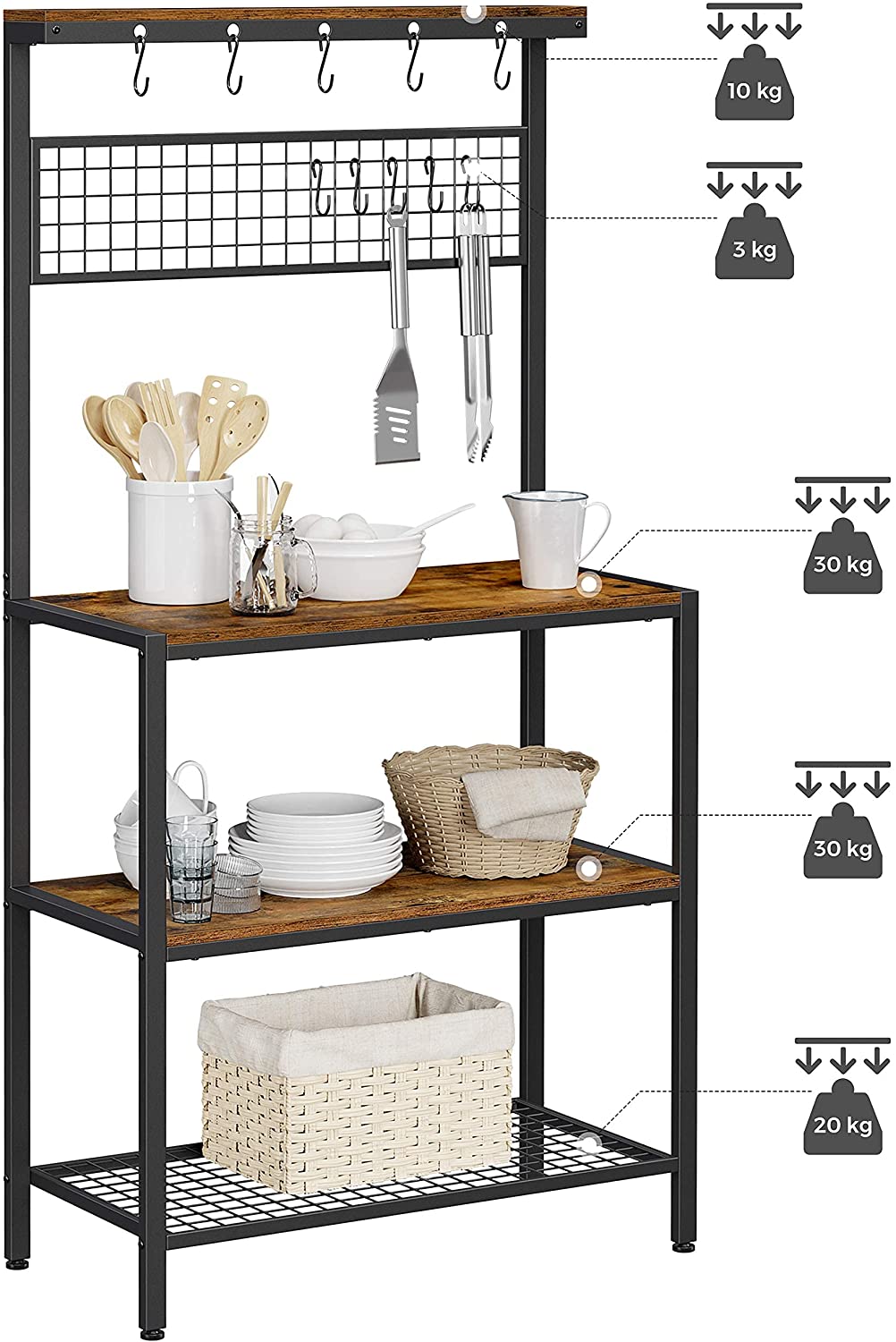 Industrial Kitchen Rack with Storage, Hooks & Metal Shelf