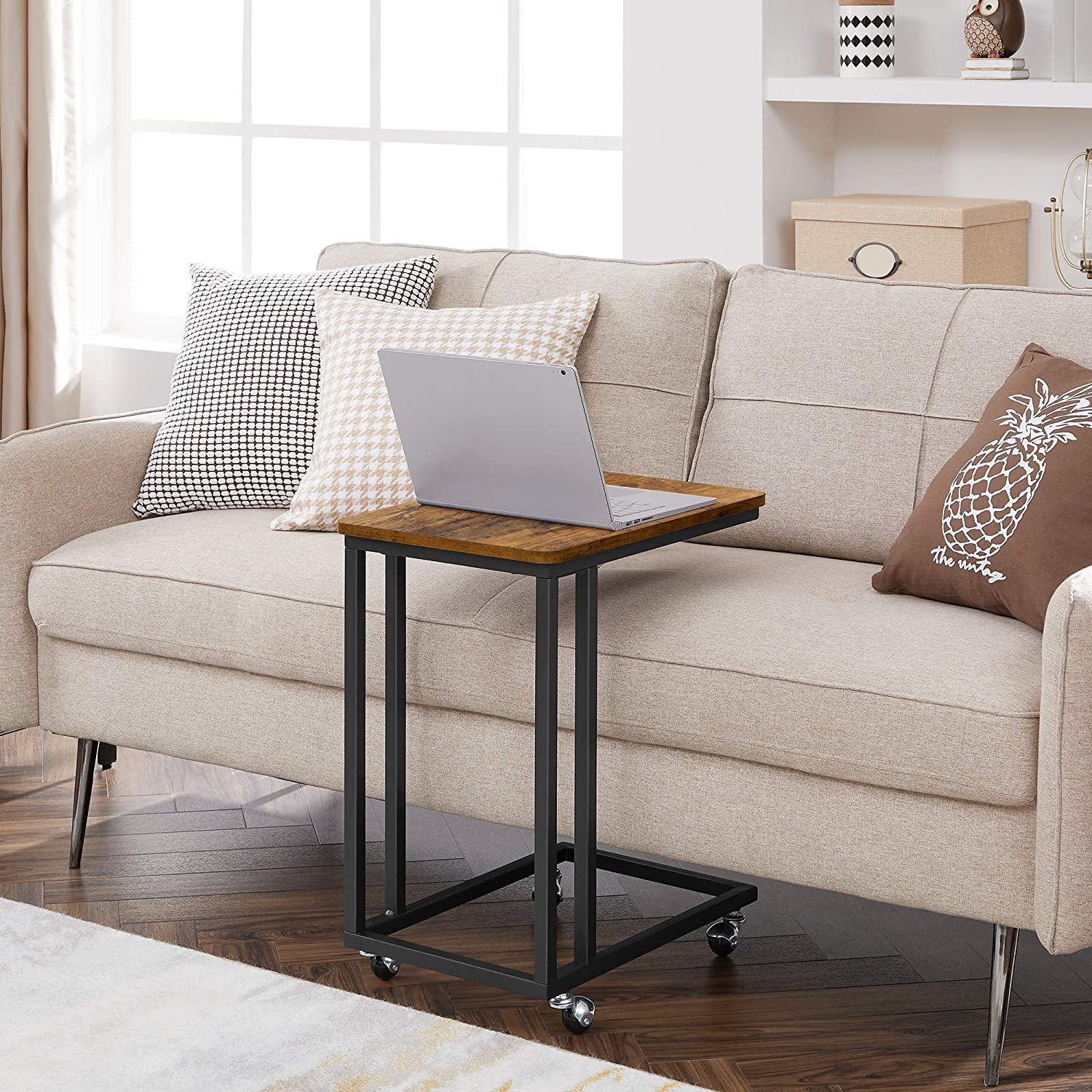 Rustic Brown Coffee Table with Castors, Steel Frame, 50x35x60cm