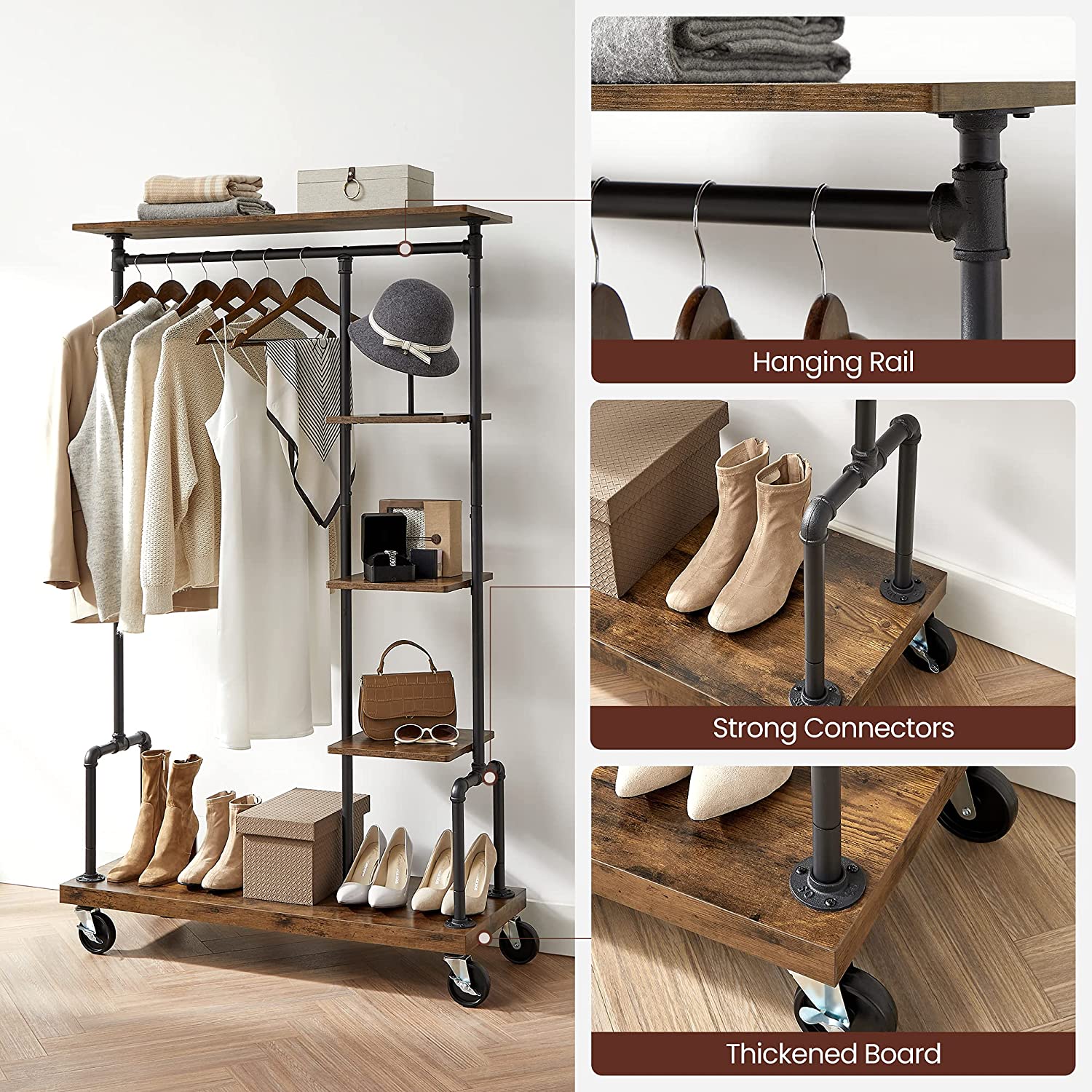 5-Tier Clothes Garment Rack on Wheels with Shelves, Rustic Brown