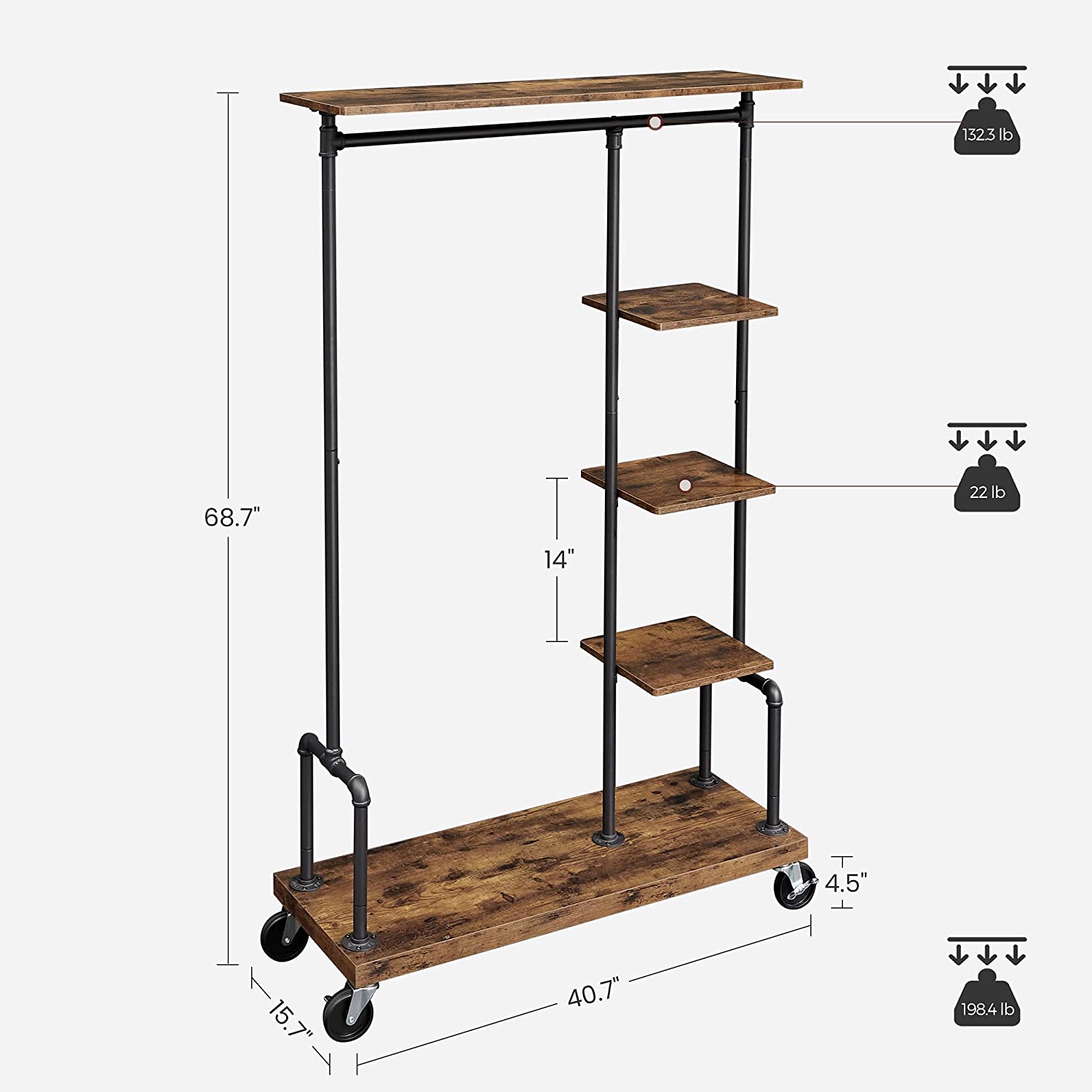 5-Tier Clothes Garment Rack on Wheels with Shelves, Rustic Brown