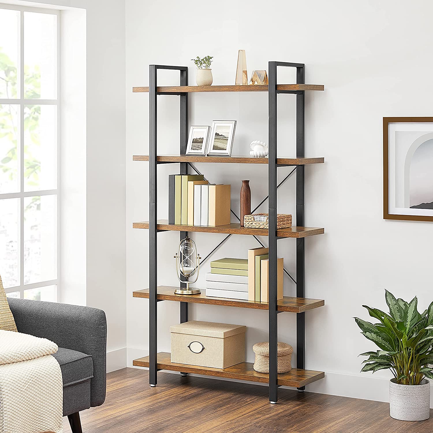 5-Tier Industrial Bookshelf with Steel Frame, Rustic Brown