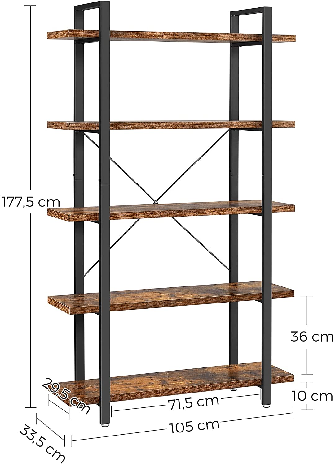 5-Tier Industrial Bookshelf with Steel Frame, Rustic Brown