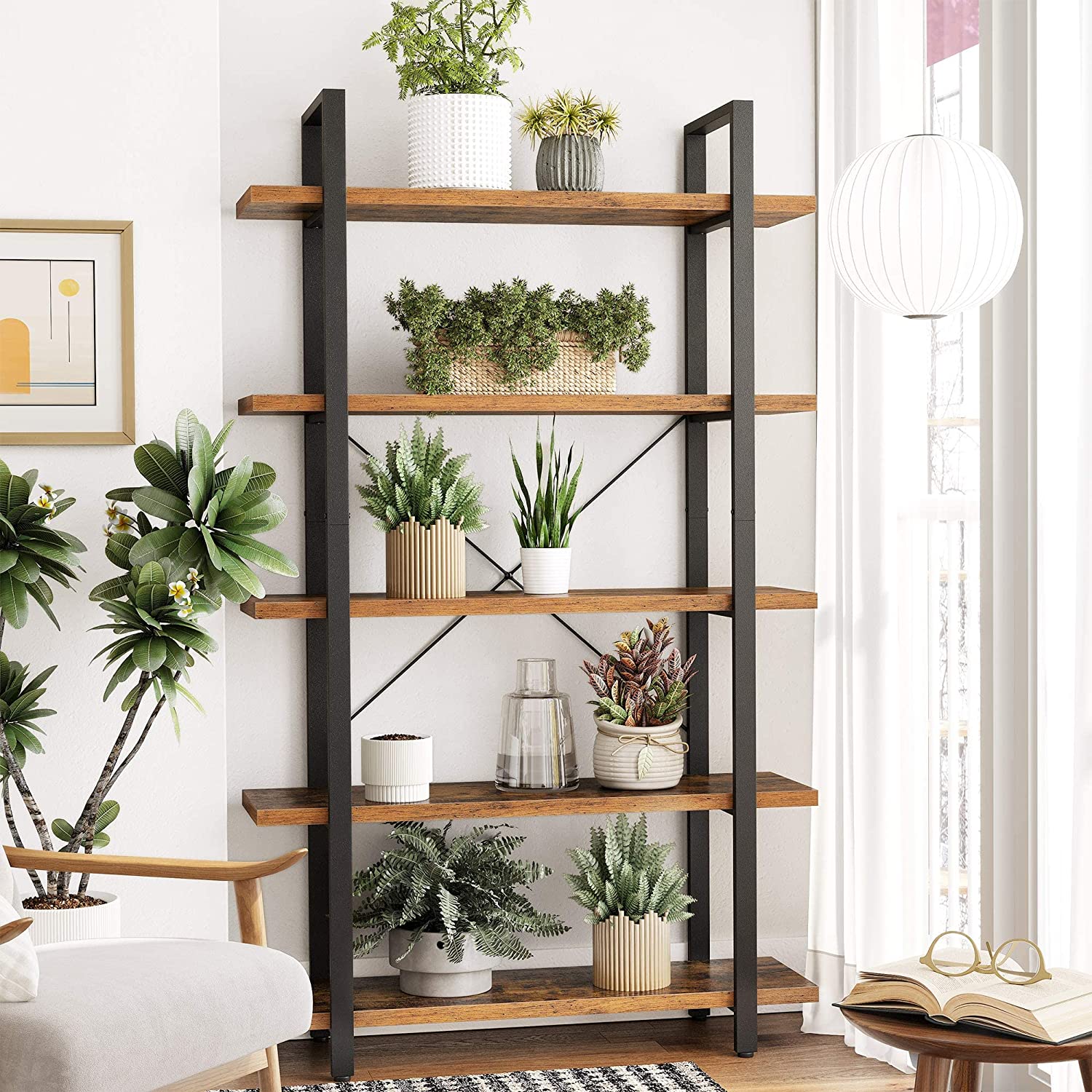 5-Tier Industrial Bookshelf with Steel Frame, Rustic Brown