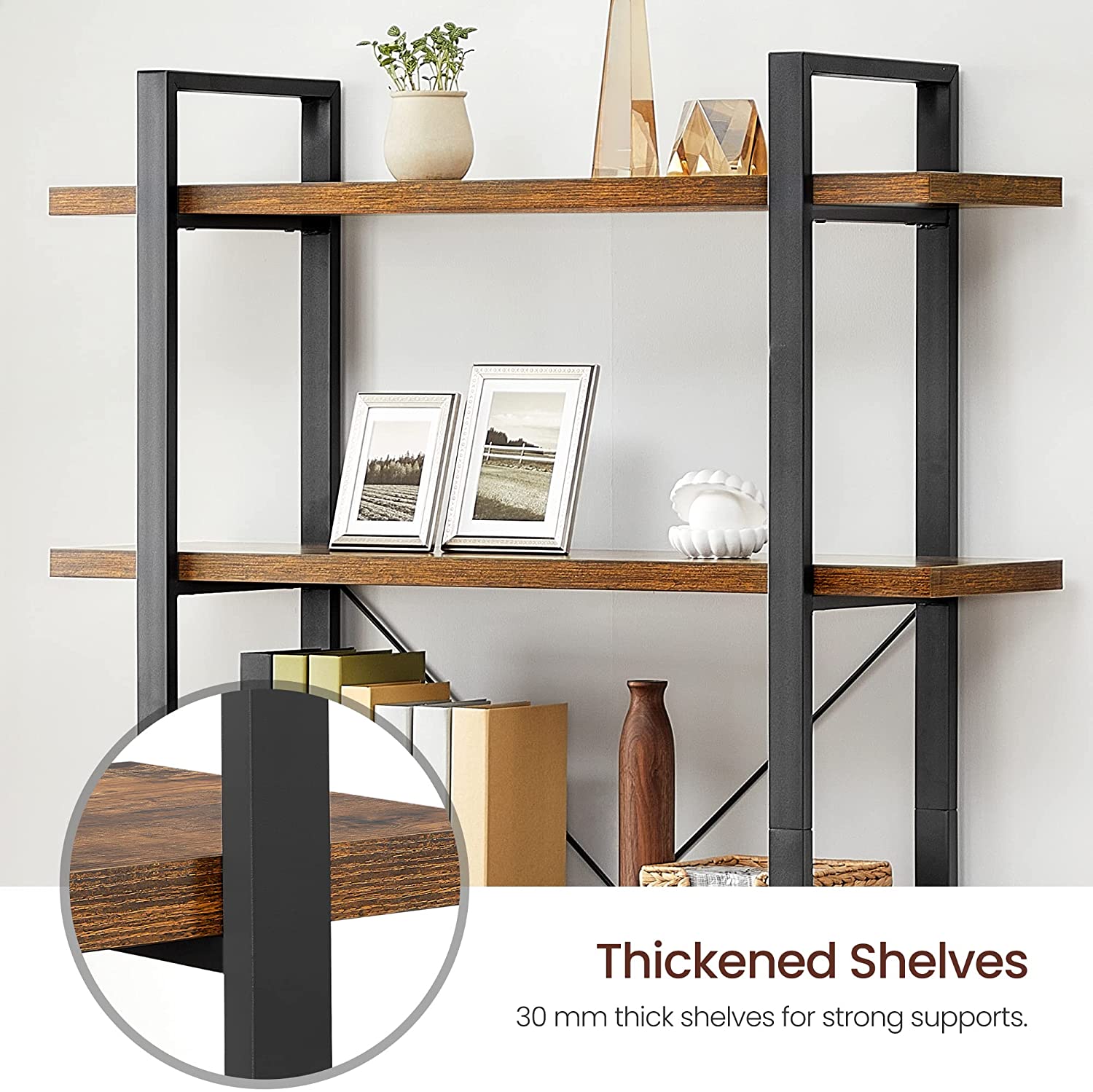 5-Tier Industrial Bookshelf with Steel Frame, Rustic Brown