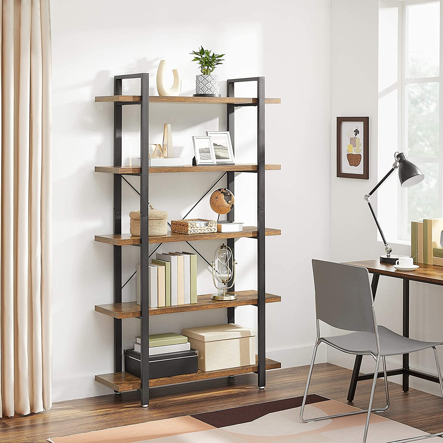 5-Tier Industrial Bookshelf with Steel Frame, Rustic Brown