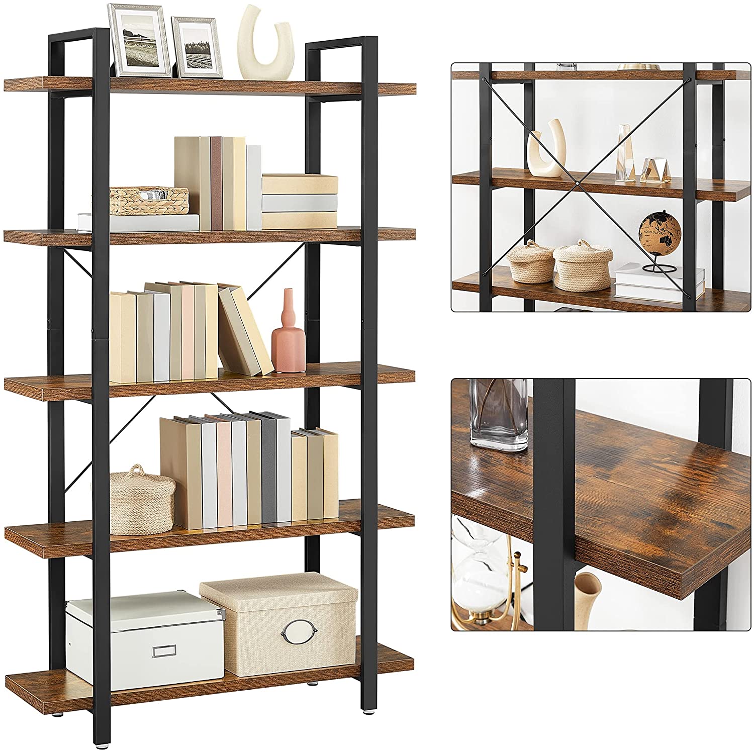 5-Tier Industrial Bookshelf with Steel Frame, Rustic Brown