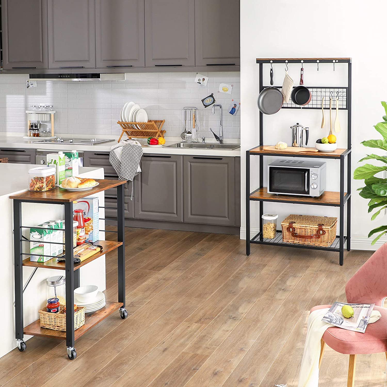 Kitchen Baker's Rack, 3-Tier Serving Cart with Metal Frame and 6 Hooks, Rustic Brown