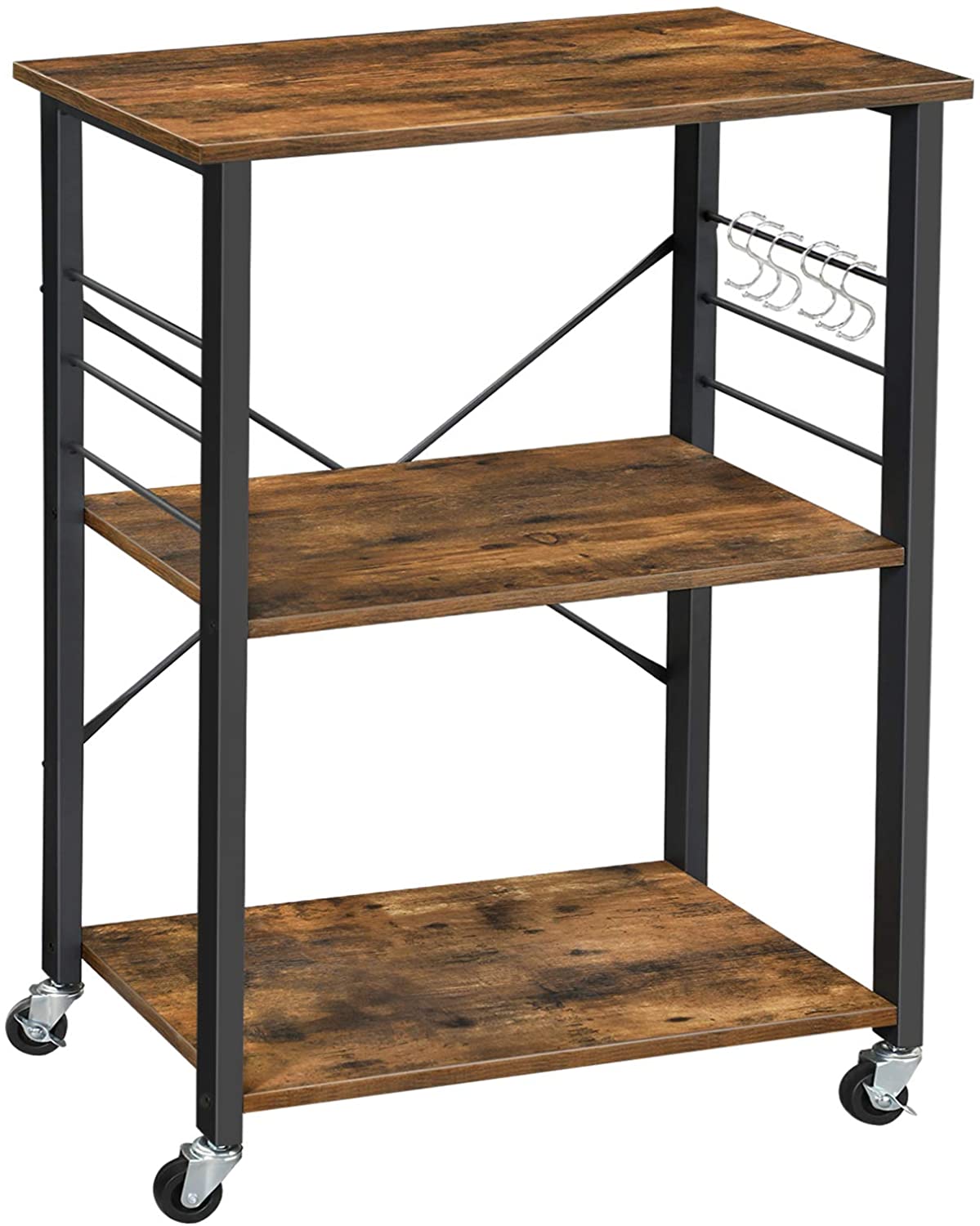 Rustic 3-Tier Baker's Rack, Mobile Serving Cart with Hooks