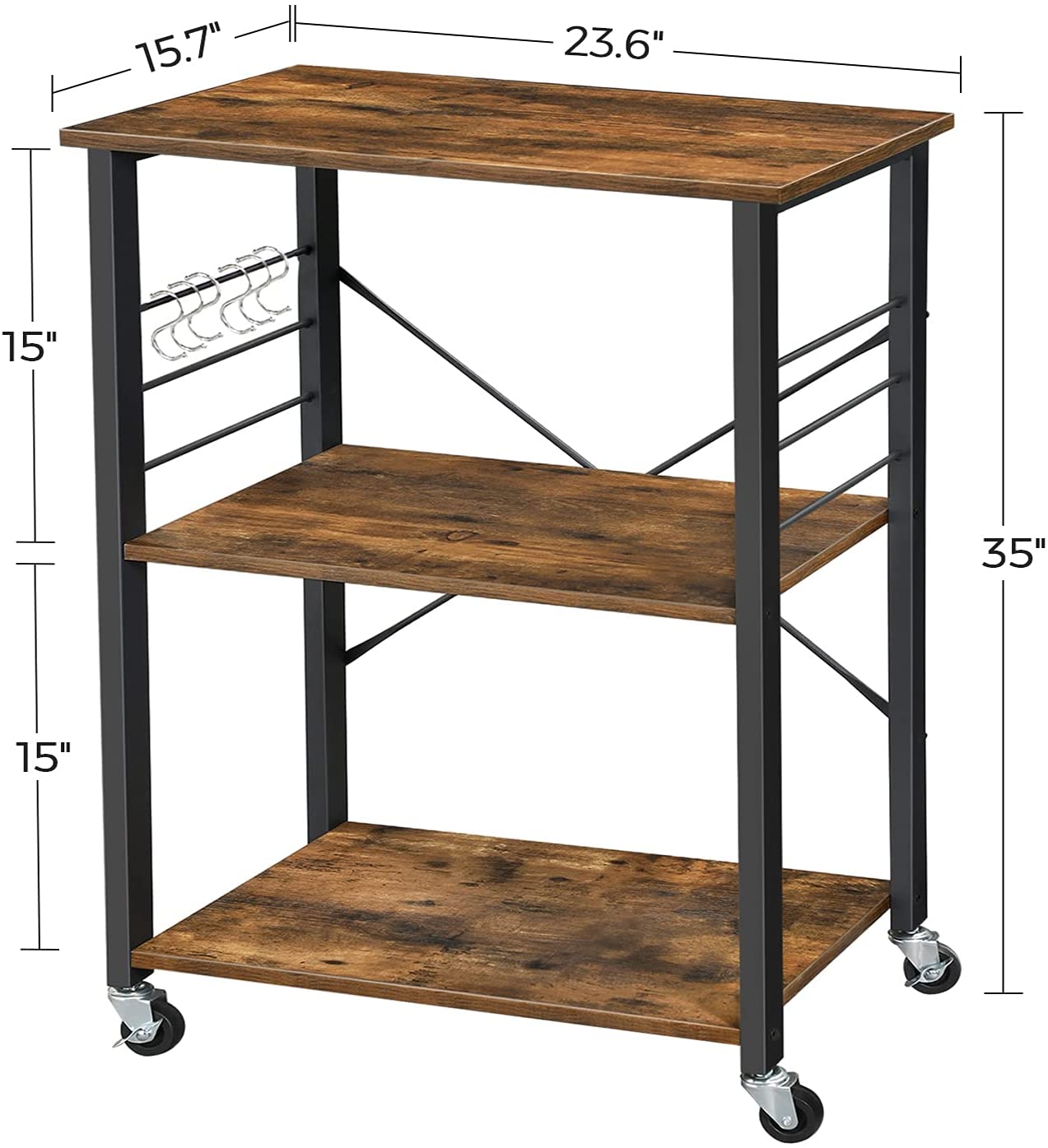 Rustic 3-Tier Baker's Rack, Mobile Serving Cart with Hooks