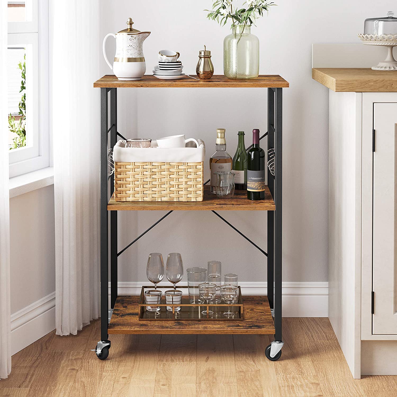 Rustic 3-Tier Baker's Rack, Mobile Serving Cart with Hooks