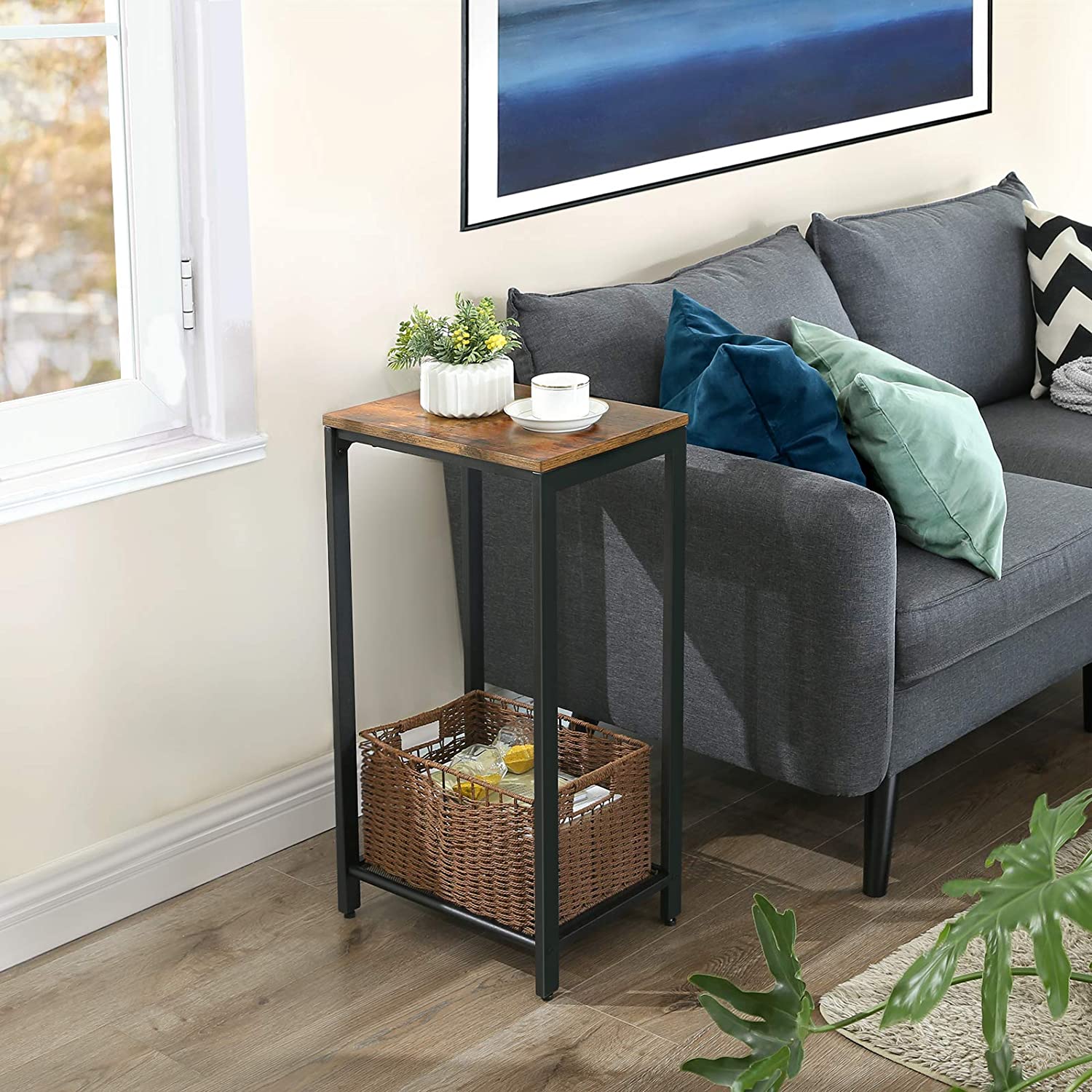 Rustic Brown Narrow Side Table with Mesh Shelf - Adjustable Feet