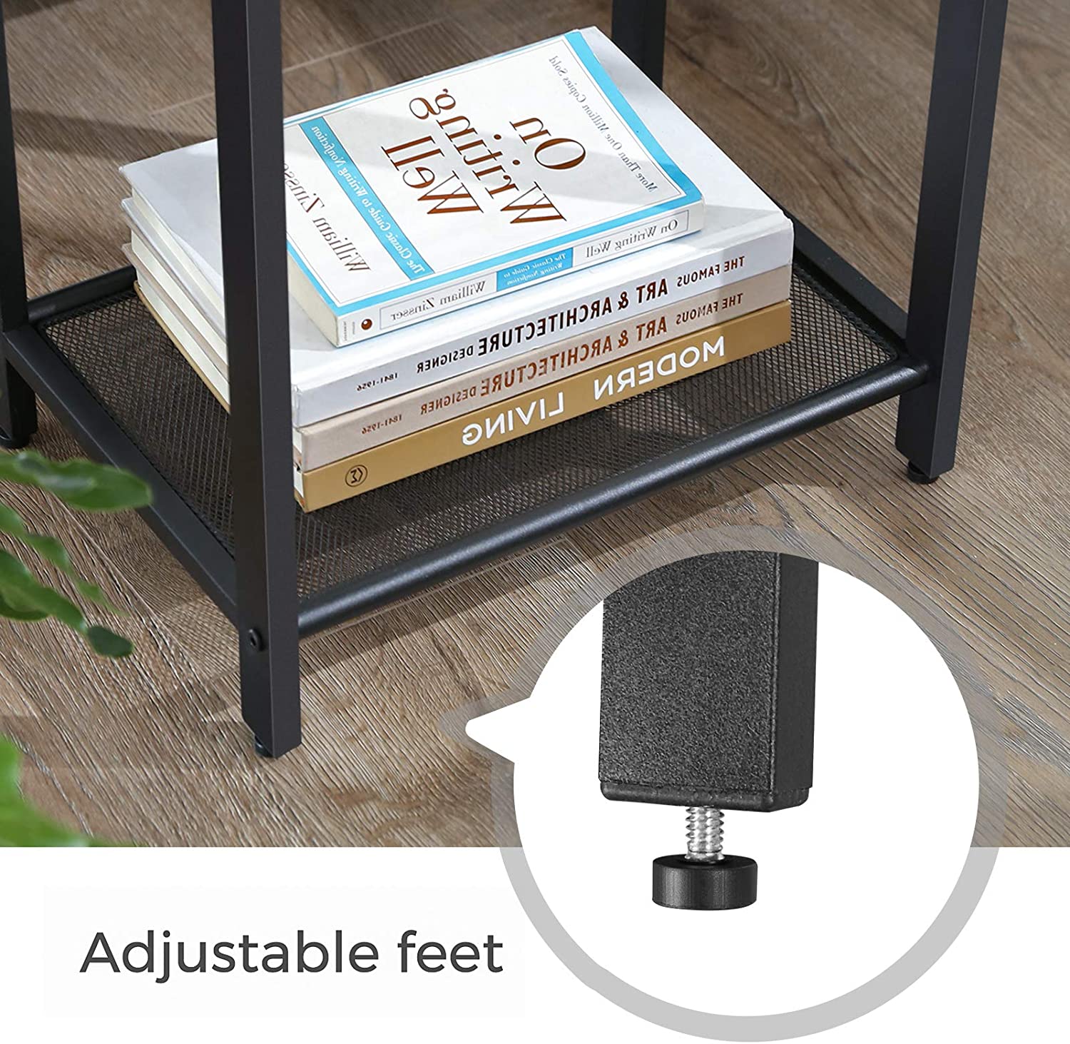 Rustic Brown Narrow Side Table with Mesh Shelf - Adjustable Feet