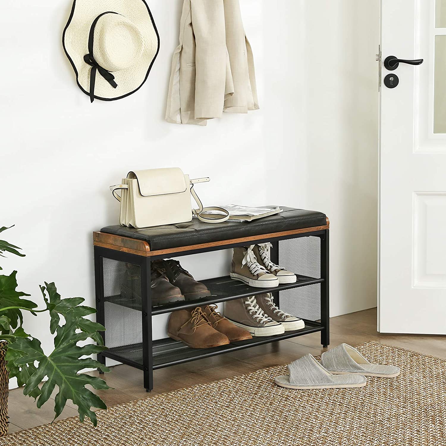 Vintage Faux Leather Shoe Bench w/ Mesh Shelves, Adjustable Feet