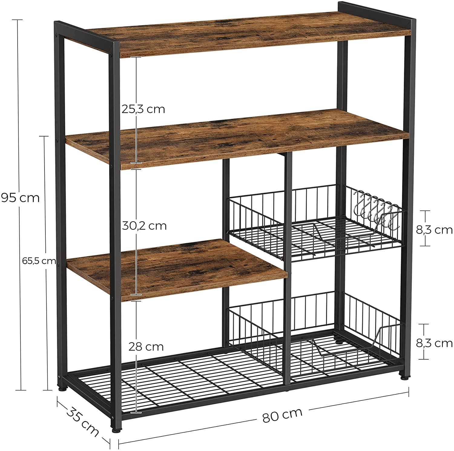 Industrial Style Baker's Rack, Mesh Baskets, Hooks, Shelves