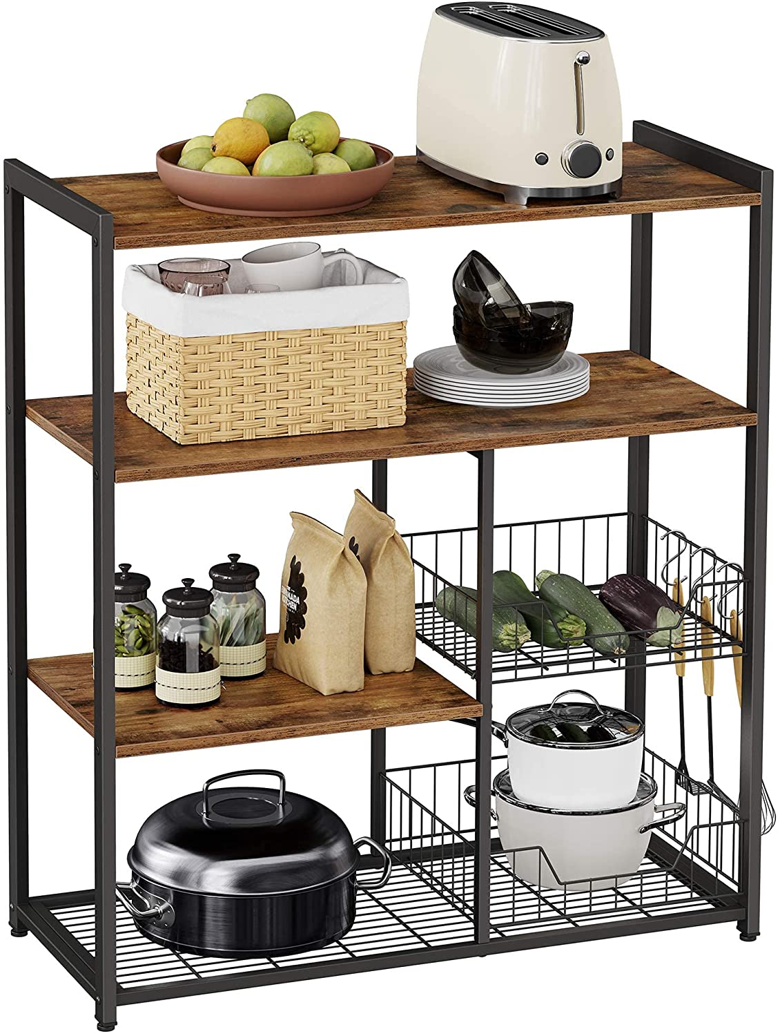 Industrial Style Baker's Rack, Mesh Baskets, Hooks, Shelves