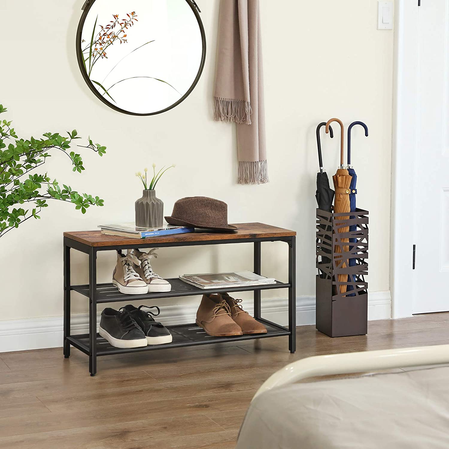 Rustic Brown Shoe Rack with 2 Mesh Shelves, Metal Frame