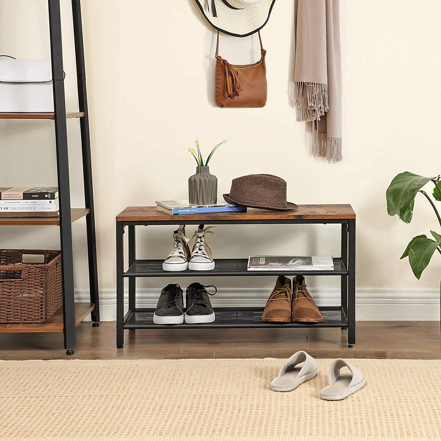 Rustic Brown Shoe Rack with 2 Mesh Shelves, Metal Frame