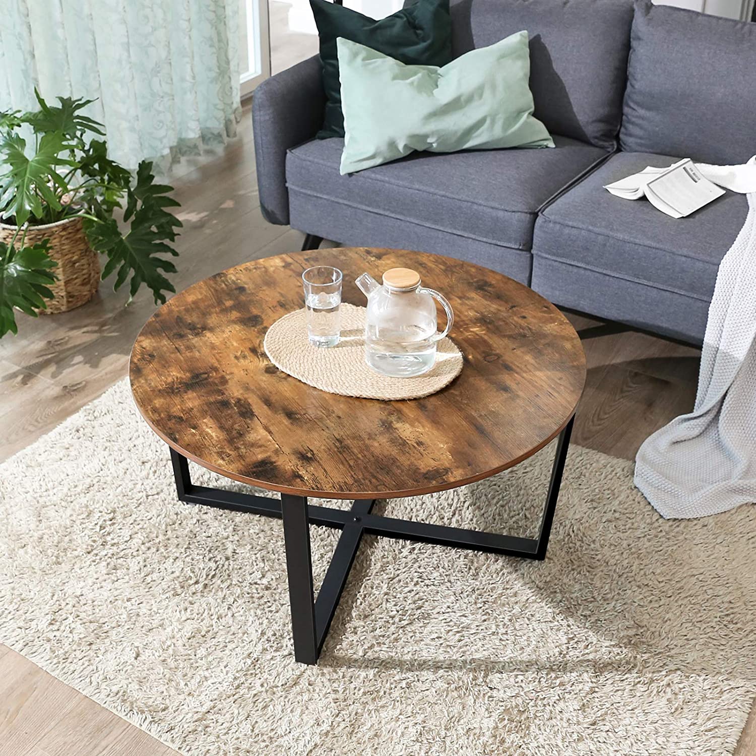 Large Rustic Brown Round Coffee Table, Steel Legs, 100KG Support