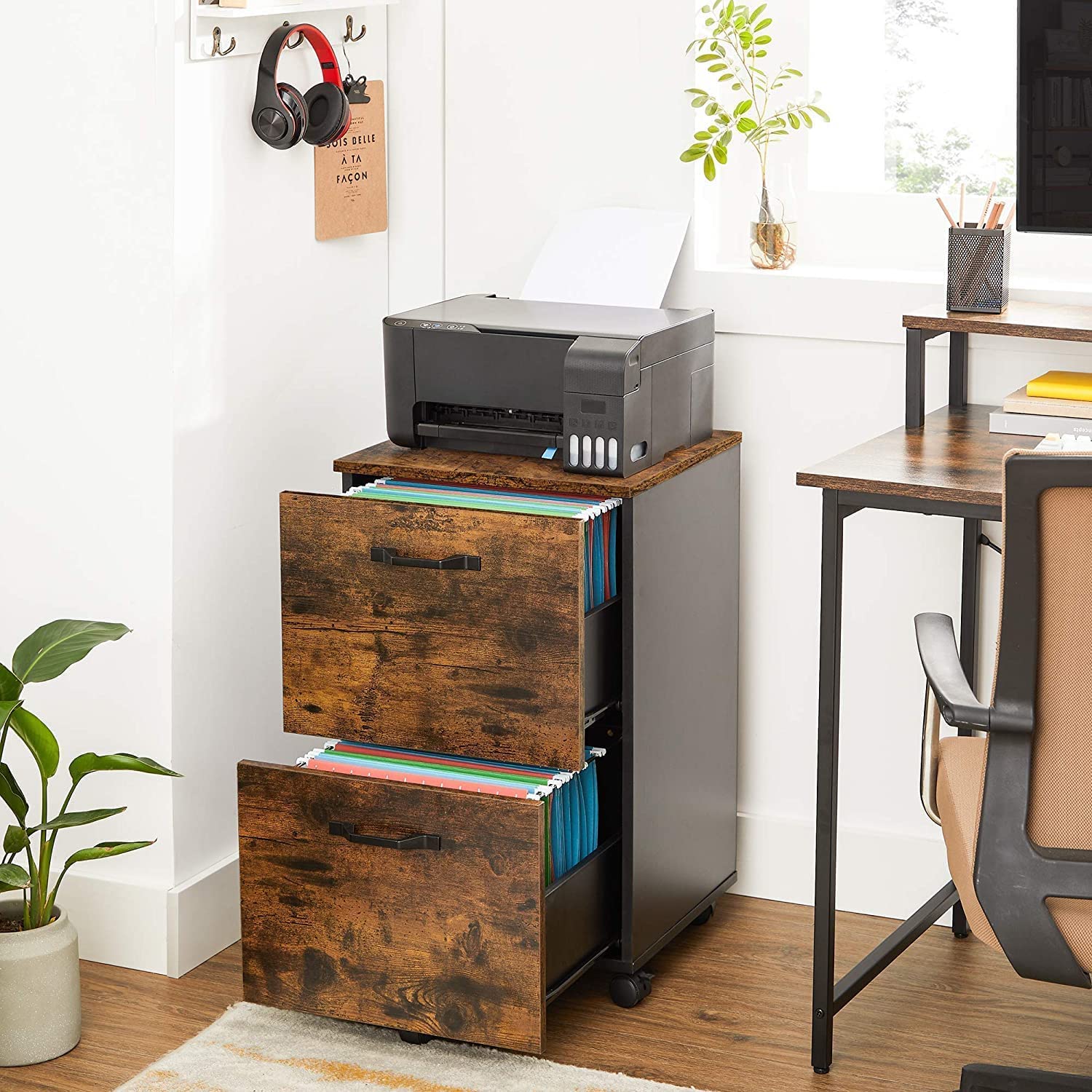 Rustic Brown & Black 2-Drawer Mobile File Cabinet w/ Lock