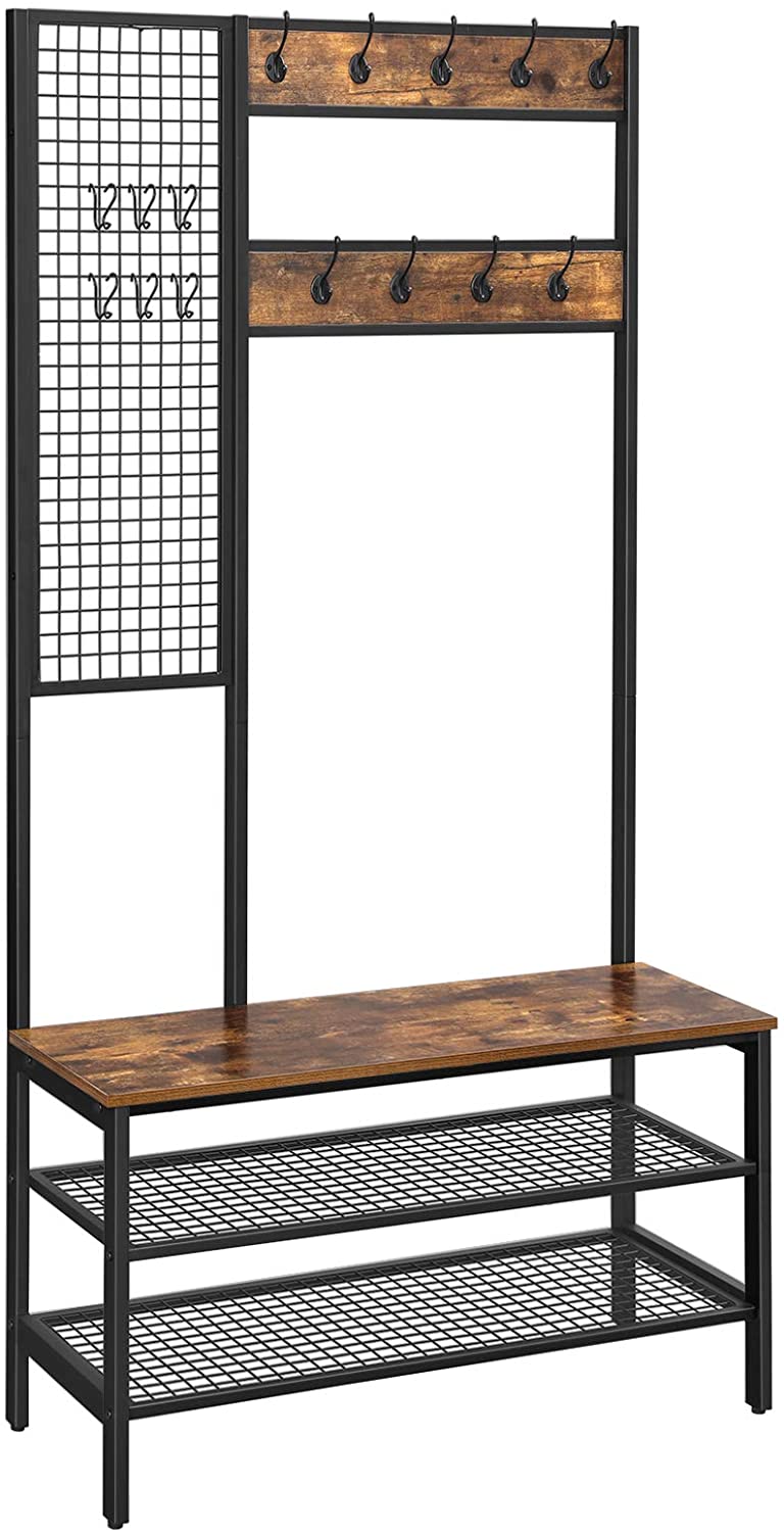 Coat Rack Stand Industrial Style with Grid Wall and Shoe storage 185 cm Tall Rustic Brown