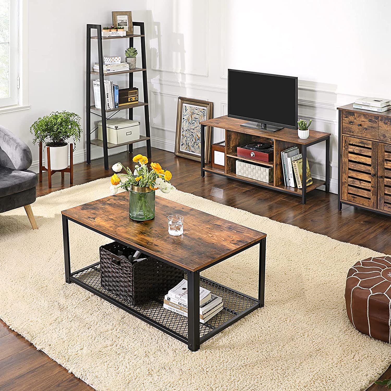 Rustic Industrial TV Console Unit with Open Storage