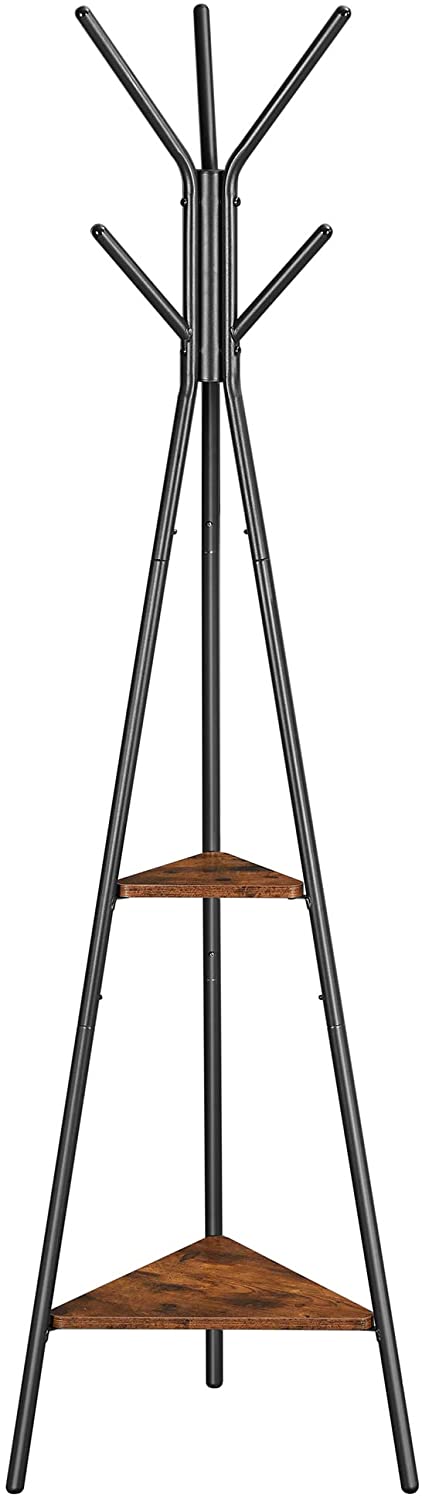 Rustic Black Coat Rack Stand 2 Shelves, Metal Frame