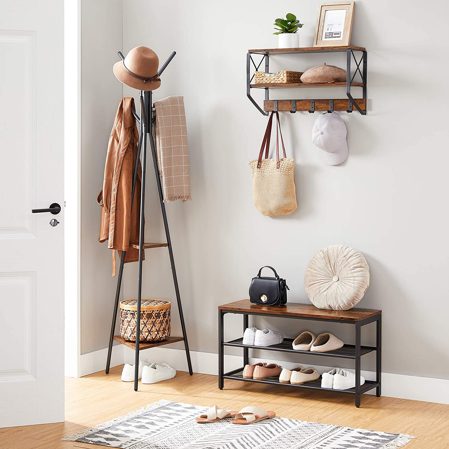 Rustic Black Coat Rack Stand 2 Shelves, Metal Frame