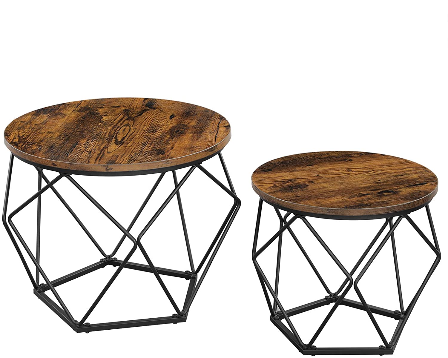 Rustic Brown Black Steel Frame Modern Round Side Tables, Set of 2