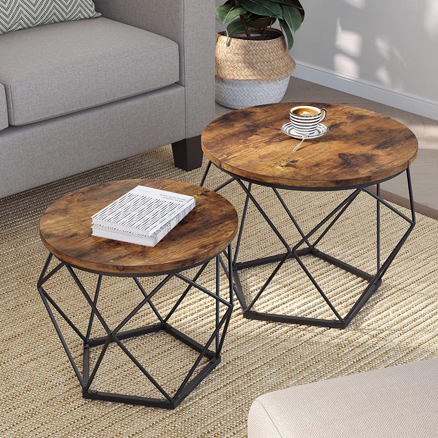 Rustic Brown Black Steel Frame Modern Round Side Tables, Set of 2