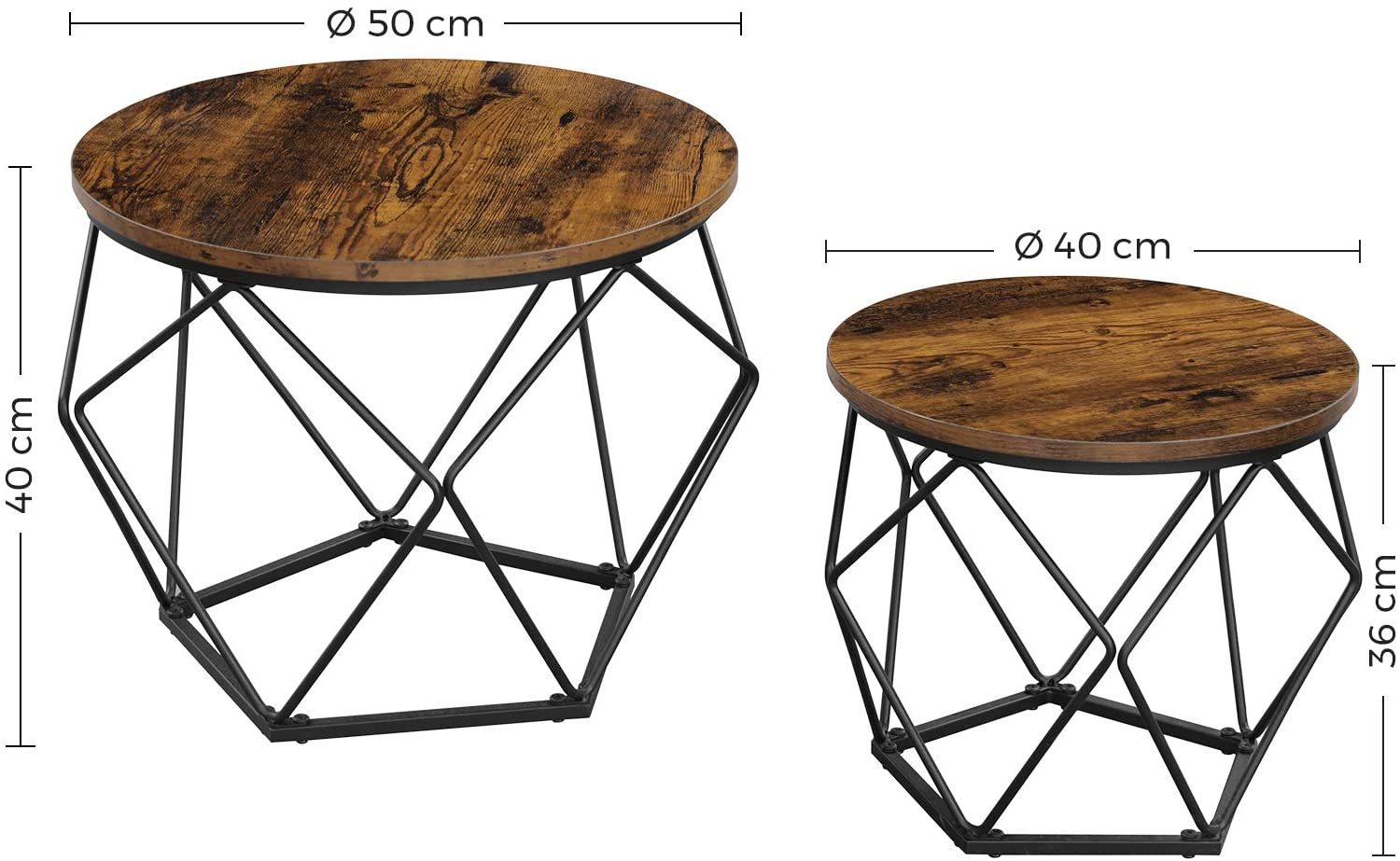 Rustic Brown Black Steel Frame Modern Round Side Tables, Set of 2