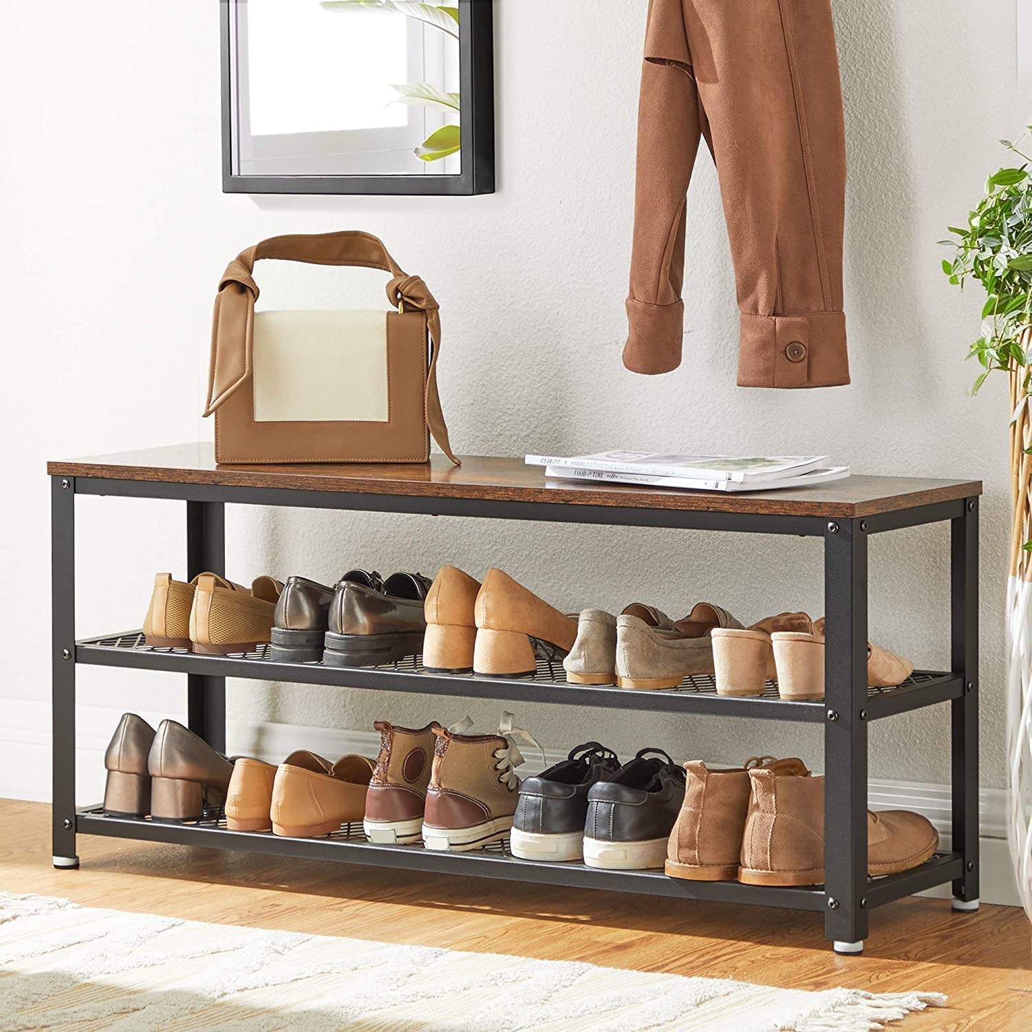 Rustic Brown/Black Shoe Rack, 2 Shelves, 100 cm Long